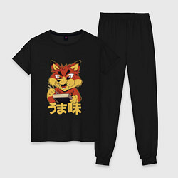 Пижама хлопковая женская Japanese Fox Eating Ramen Японская лиса ест Рамен, цвет: черный