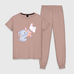 Пижама хлопковая женская Милый Слонёнок С Подарком и Крольчонок, цвет: пыльно-розовый
