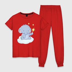 Пижама хлопковая женская Милый Слонёнок На Облаке Со Звездой, цвет: красный