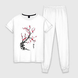 Пижама хлопковая женская Сакура с иероглифами, цвет: белый