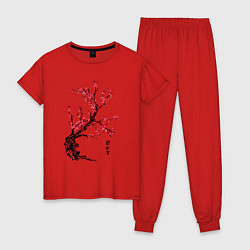 Пижама хлопковая женская Сакура с иероглифами, цвет: красный