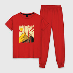 Пижама хлопковая женская Горный Пейзаж в штрихах Mountain Landscape Strokes, цвет: красный