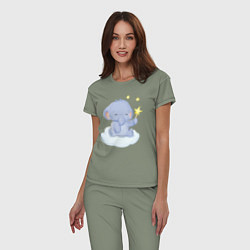 Пижама хлопковая женская Милый Слонёнок Сидит На Облаке, цвет: авокадо — фото 2
