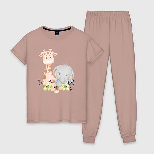 Женская пижама Милый Жирафик и Слонёнок Сидят Среди Цветов / Пыльно-розовый – фото 1