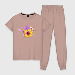 Пижама хлопковая женская Цветы Оранжевый Гибискус, цвет: пыльно-розовый
