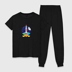 Пижама хлопковая женская Ракета в космосе, цвет: черный