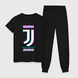 Пижама хлопковая женская Juventus FC в стиле Glitch, цвет: черный