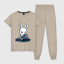 Пижама хлопковая женская Зайчонок обнял клубки The bunny hugged the balls, цвет: миндальный