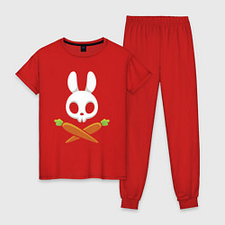 Пижама хлопковая женская Череп кролика с двумя морковками, цвет: красный