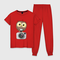 Пижама хлопковая женская Сова на фотоаппарате, цвет: красный