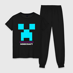 Пижама хлопковая женская Символ Minecraft в неоновых цветах, цвет: черный