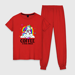 Пижама хлопковая женская Кофе - настоящая магия, цвет: красный