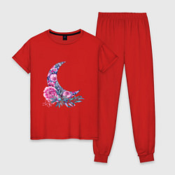 Пижама хлопковая женская Узорный месяц в пионах, цвет: красный