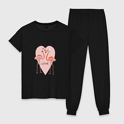 Пижама хлопковая женская Розовые фламинго на фоне розового сердца, цвет: черный