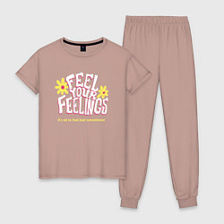Пижама хлопковая женская Feel your feelings, цвет: пыльно-розовый