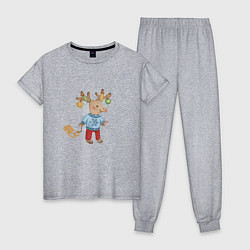 Пижама хлопковая женская Рождественский олень с санями, цвет: меланж