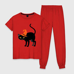 Пижама хлопковая женская Чёрный хэллоуинский котик, цвет: красный