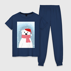 Пижама хлопковая женская Мультяшный белый медведь в красной шапке с шарфом, цвет: тёмно-синий