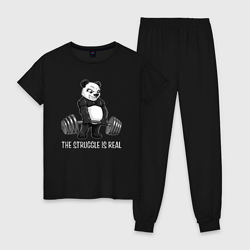 Женская пижама Это настоящая борьба - панда штангист / Черный – фото 1