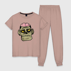 Пижама хлопковая женская Череп зомби с мозгами, цвет: пыльно-розовый