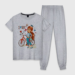 Пижама хлопковая женская Девушка с велосипедом, цвет: меланж