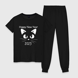 Пижама хлопковая женская С новым 2023 годом котик, цвет: черный
