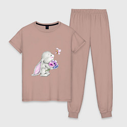 Пижама хлопковая женская Кролик дарит цветы тебе, цвет: пыльно-розовый