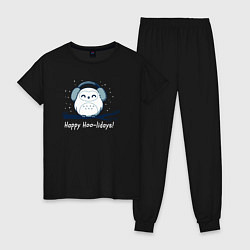Пижама хлопковая женская Happy Hoo-lidays!, цвет: черный