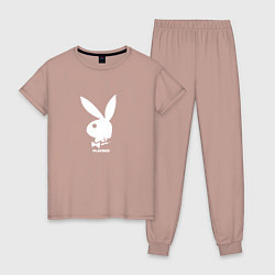 Пижама хлопковая женская Черный кролик с надписью play2023, цвет: пыльно-розовый