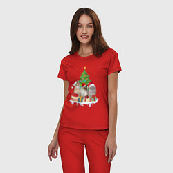 Пижама хлопковая женская Коты и елка с подарками, цвет: красный — фото 2