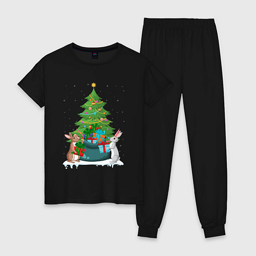 Женская пижама Кролики елка и мешок подарков / Черный – фото 1