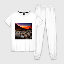 Пижама хлопковая женская Горный пейзаж в закате солнца, каменная река, цвет: белый
