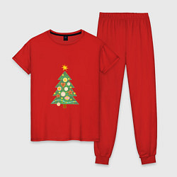 Пижама хлопковая женская Елочка с новогодними игрушками, цвет: красный
