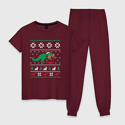 Пижама хлопковая женская Новогодний тирекс - ugly sweater, цвет: меланж-бордовый