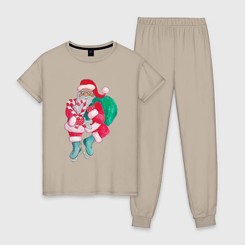 Женская пижама Санта Клаус с мешком подарков на коньках / Миндальный – фото 1
