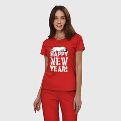 Пижама хлопковая женская Happy new year - кошечка, цвет: красный — фото 2