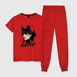 Пижама хлопковая женская Wednesday Black cat, цвет: красный