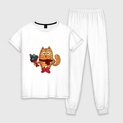 Пижама хлопковая женская Влюбленный рыжий кот с рыбным букетом, цвет: белый