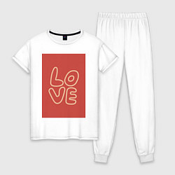 Пижама хлопковая женская Слово Love на красном прямоугольном фоне, цвет: белый
