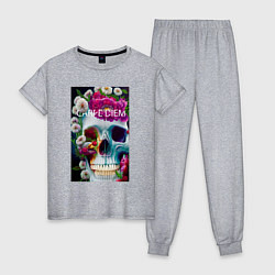 Пижама хлопковая женская Череп с цветами и радугой, цвет: меланж