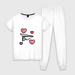 Пижама хлопковая женская Бумажный самолетик - сердца, цвет: белый