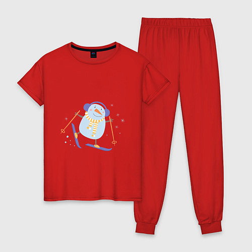 Женская пижама Снеговик катается на лыжах / Красный – фото 1