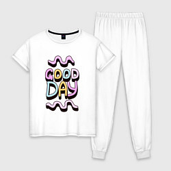 Пижама хлопковая женская Good day надпись с кривыми линиями, цвет: белый