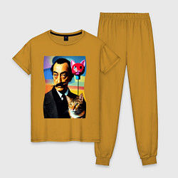Пижама хлопковая женская Salvador Dali and cat, цвет: горчичный