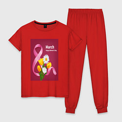 Пижама хлопковая женская 8 марта, поздравительная, цвет: красный