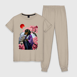Женская пижама Такса-Самурай весенняя на фоне сакуры