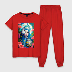 Пижама хлопковая женская Мой сосед Тоторо - фантазия - нейросеть, цвет: красный