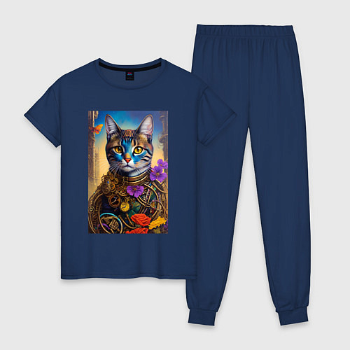 Женская пижама Кот в стиле стимпанк - нейросеть - искусство / Тёмно-синий – фото 1