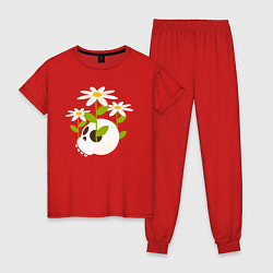 Пижама хлопковая женская Череп и цветочки, цвет: красный