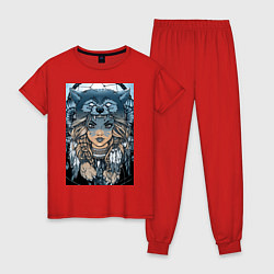 Пижама хлопковая женская Девушка волчица, цвет: красный